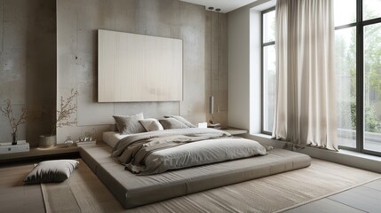 A contemporary bedroom with a minimalist aesthetic, showcasing a low bed, neutral tones, and large windows for natural light.