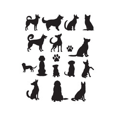 Set of vector black silhouettes of a labrador retriever dogs in different poses isolated on a white background. Lies, stands, sits, jumps, eats, barks,runs. Vector