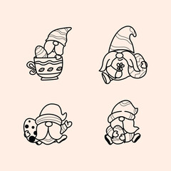 Four pictures of dwarfs holding eggs in black and white