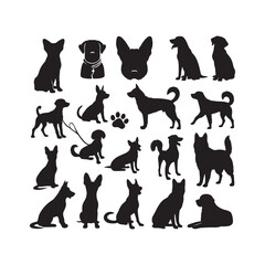 Set of vector black silhouettes of a labrador retriever dogs in different poses isolated on a white background. Lies, stands, sits, jumps, eats, barks,runs. Vector