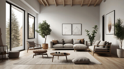 Elegant and comfortable designed living room with big corner sofa, wooden floor and big windows