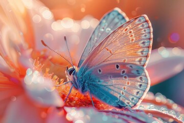 A closeup photo of a butterflys delicate wings resting on a flower petal, showcasing the feathery texture and vibrant colors