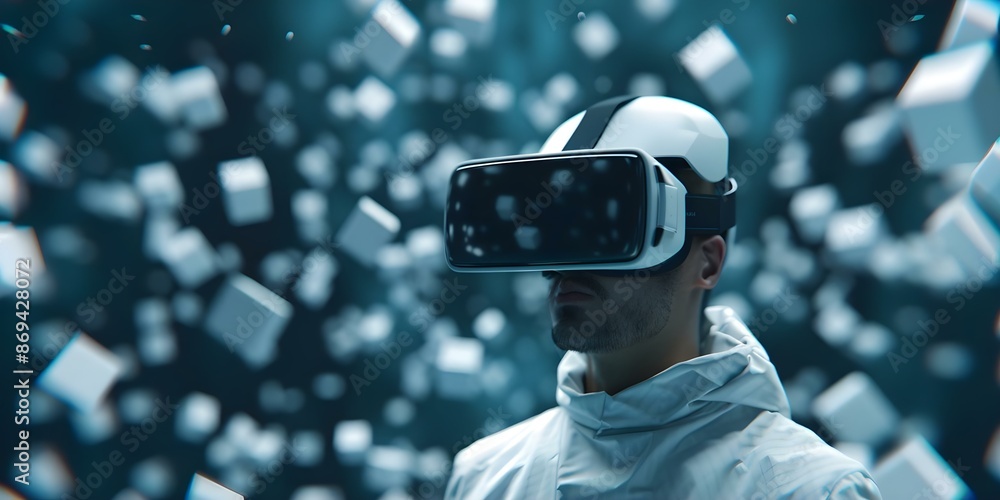 Poster man in vr headset navigating abstract shapes in futuristic metaverse collage. concept virtual realit