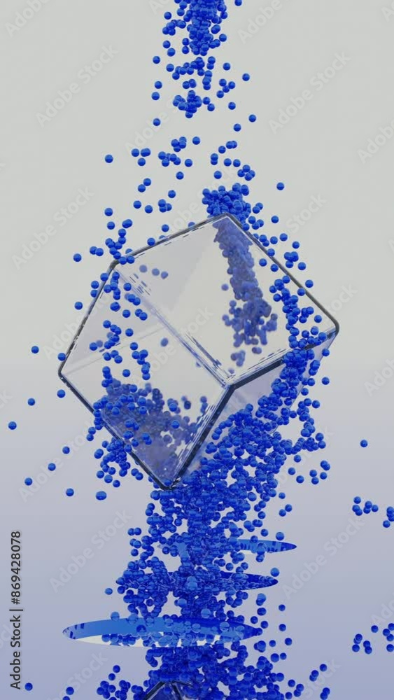 Poster abstract transparent cube with blue silhouette spinning surrounded by small dust particles. design. 