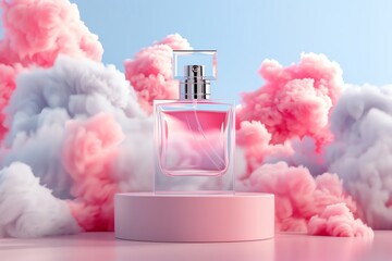 3D product rendering, perfume bottle on the podium surrounded in the style of clouds of smoke