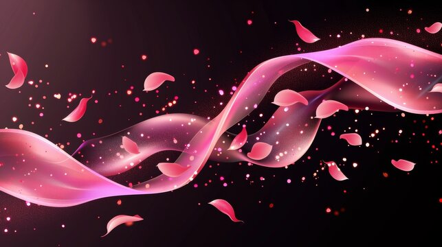An illustration of neon light waves with sakura blossoms, magic sparkling particles, perfume aroma trail and love floating in the air.