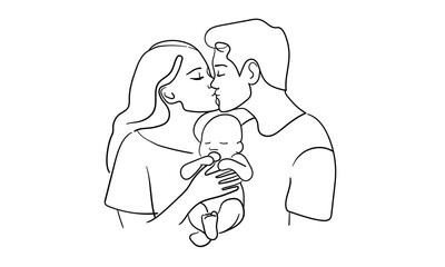 Father kisses mother, happy family, newborn continuous line art drawing isolated on white background. Vector illustration
