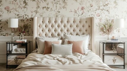 A chic bedroom with a tufted headboard, mirrored nightstands