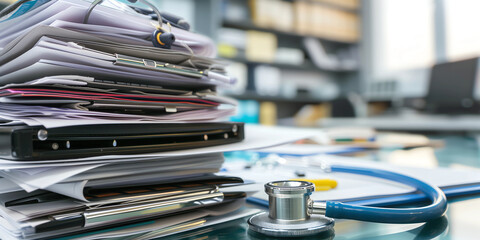  medical records, stack of medical records and stethoscope on on a desk, health information management Concept , collection of medical data being processed 