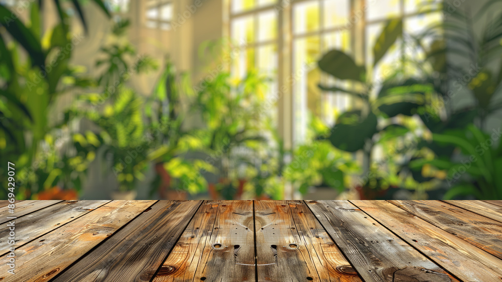 Poster empty wood table top with blur background of window with home garden view. the table giving copy spa