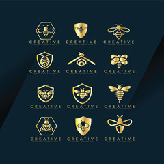 Logo Icon for golden Bee set ,Honey bee geometric shape logo template Vector Illustration.