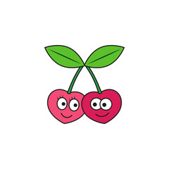 Two enamored cartoon cute heart shaped cherry with faces together. Color vector illustration on white background. 