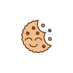 Cartoon bitten cookie icon with a face and a funny cute smile. Biscuit and cracker symbol with crumbs. Colored vector illustration on white background.