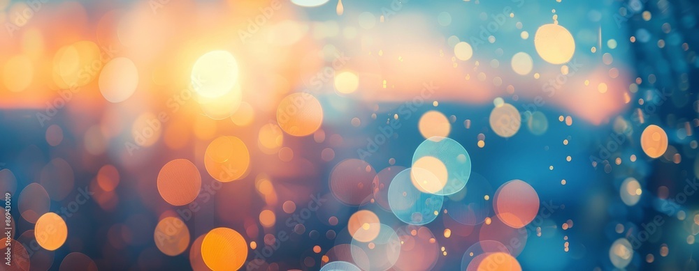 Poster Golden hour bokeh background. Abstract blurred background of a sunset with bokeh and light leaks.