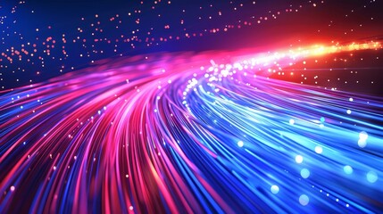 Obraz premium High speed motion neon fiber with blue and red line streaks representing data networks or energy flows. A realistic modern illustration of a luminous particle moving rapidly.