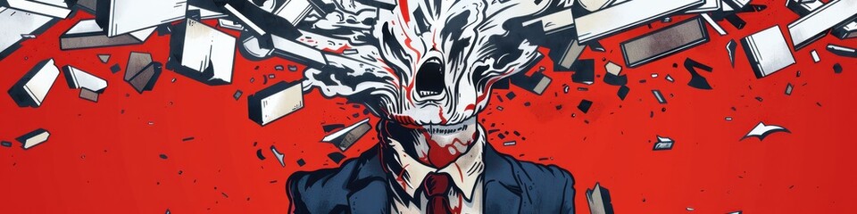 Obraz premium Abstract illustration of a businessman overwhelmed with chaotic thoughts represented by colorful swirls. Ideal for stress and mental health themes. Free copy space for text.