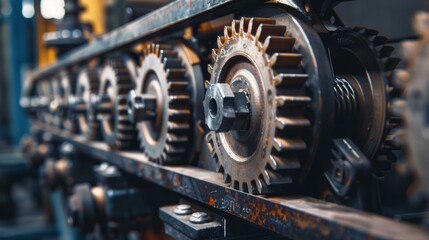 Fototapeta premium Industrial gears in motion. Close-up of interlocking gears in an industrial machine, highlighting themes of manufacturing, engineering, and heavy industry.