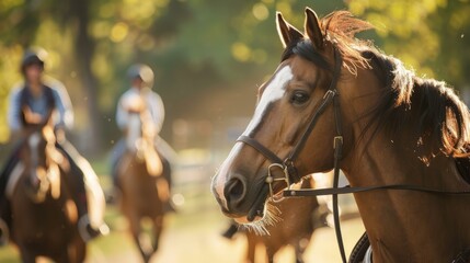 Majestic horse in golden hour light. A beautiful brown horse with a white blaze, tacked up and ready to ride, with other horses and riders in the background.