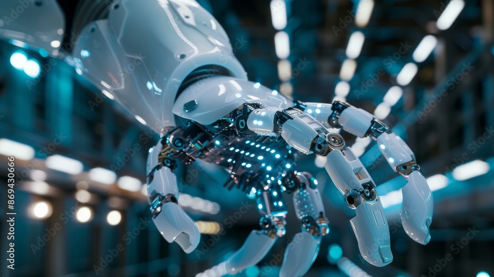 Poster futuristic robot hand in high tech environment. close up of a robotic hand with glowing lights in a 