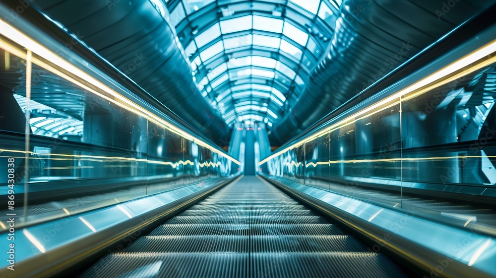 Poster empty escalator in modern architecture. modern architectural design with a focus on an empty escalat