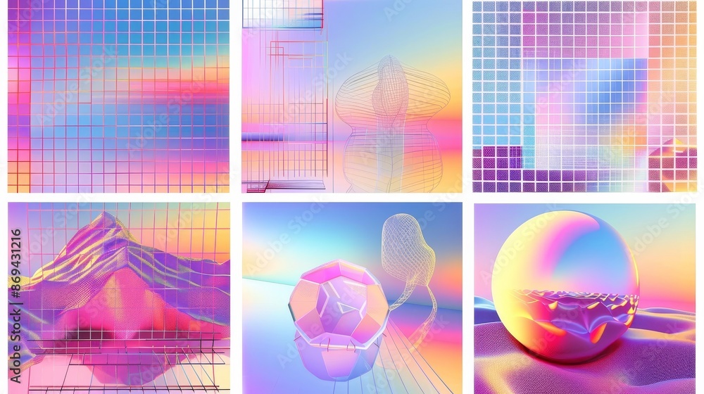Poster design template in y2k retro style with neon grid abstract geometric shapes on gradient background. 