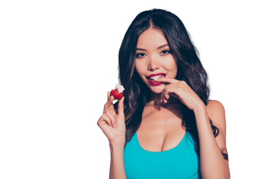 Portrait of nice cute glamorous lovely sweet attractive charming adorable wavy-haired lady red lips biting nail white teeth whipped cream isolated over pink pastel background