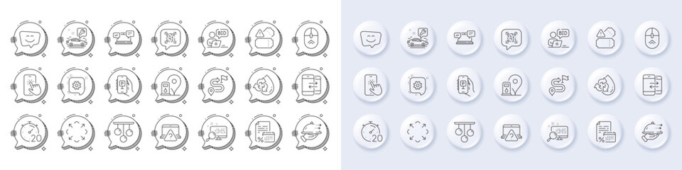 Maximize, Recycle water and Online auction line icons. White pin 3d buttons, chat bubbles icons. Pack of Phone communication, Search, Internet chat icon. Vector