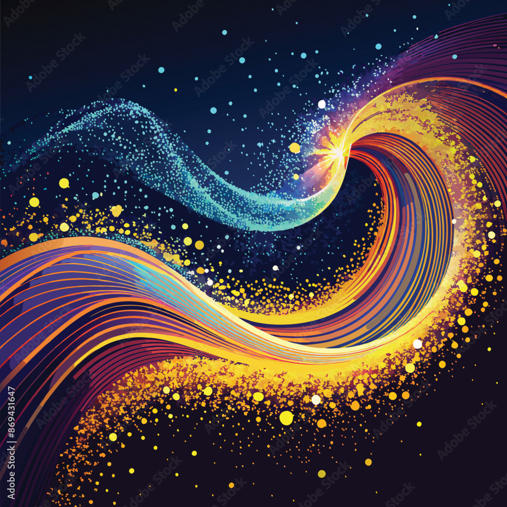 Poster abstract background design with wave moving dots flow particles, pink color hi-tech and big data, ve