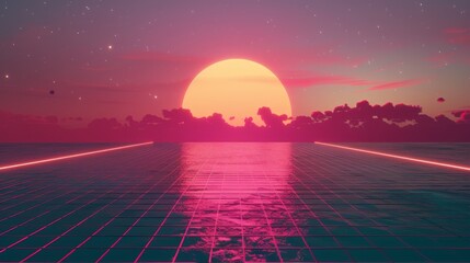 Obraz premium A neon sunset synthwave background from the 80s. Abstract futuristic vaporwave landscape with sun and mountain in the background. Disco surreal vapor graphic design illustration for music parties.