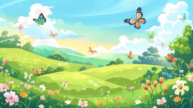 A summer valley landscape with flowers. Cartoon illustration of beautiful spring scenery, butterflies flying above grass on hills, trees, and bushes, and fluffy white clouds in the sky.