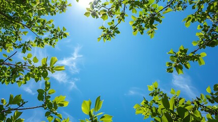 Fototapeta premium Vibrant Spring Foliage Framing the Bright Blue Sky