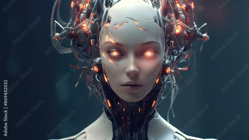 Poster closeup image of futuristic beautiful female robot creating, future technology of humanoid assistanc