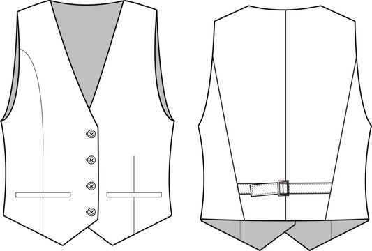 4 Button basic waistcoat flat sketch technical drawing