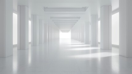 A modern and sleek white corridor designed with minimalist style and LED lighting, creating a futuristic atmosphere
