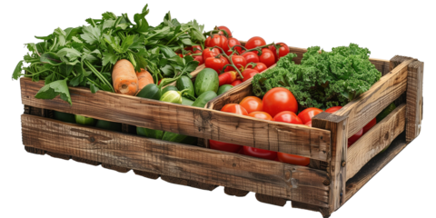 wooden box with vegetables isolated on transparent or white background