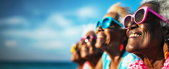 group of happy black elderly women grandmothers wearing colorful sunglasses, laughing and enjoying the sun on vacation at an island resort in paradise. With copy space