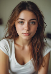 Fototapeta premium Beautiful cute dark red-haired girl in a white t-shirt or tank top is sitting on the bed in the bedroom and looking at the camera