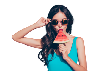 Close-up portrait of cool stylish trendy naughty cheeky adorable charming attractive gorgeous wavy-haired lady biting melon piece eyeglasses eyewear isolated over pink background