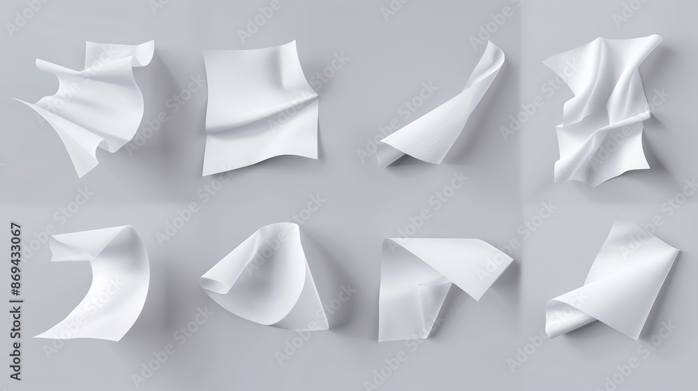 Poster flying paper sheet in different angles of view. three-dimensional illustration of curve white pages 