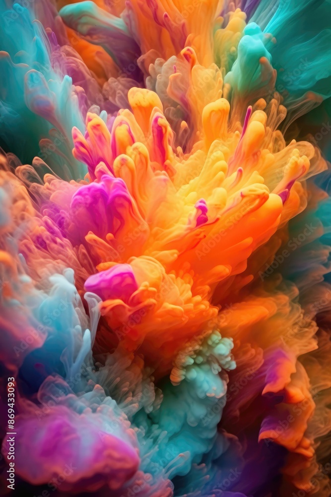 Aufkleber explosive color burst in orange, pink, and blue. vertical image of exploding motion of multicolored 
