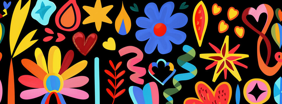 Colorful shapes, stars, flowers, hearts, leaves & ribbons on black background in 60s pop art style with cartoonish, simple & bold design.