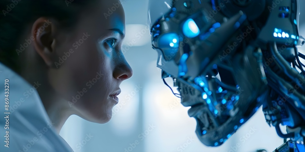 Poster man observing large cyborg with neural network ai technology in modern setting. concept sci-fi, robo