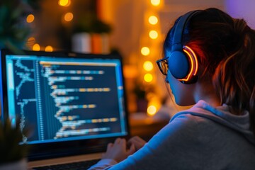 A female coder in headphones writes a program on a laptop