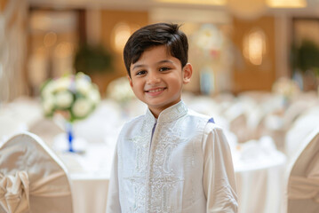 Full body photo of a happy young Indian boy wearing a white shirt and blue kurti with silver embroidery, standing in the center at a luxury wedding event, in an elegant room setting 