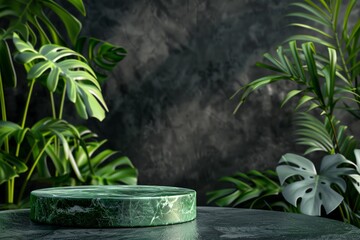 3D rendering of a green podium with wood and plants on a dark background. Mockup for a product presentation. Green marble texture, circular shape in the style of circle shape.