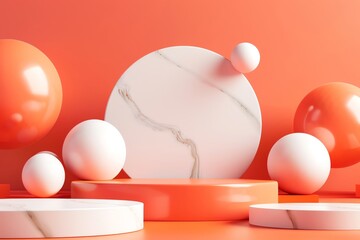 3D rendered abstract background with white and pastel orange podium display, minimal geometric circular platform design element for product showcase in the style of minimal