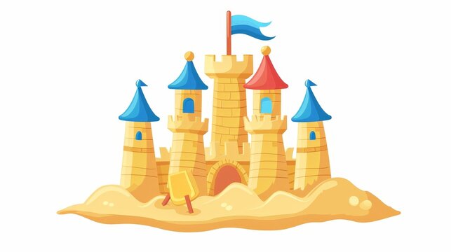 recommend clip art: A beach sandcastle for kids to play near the sea cartoon. Cute sand castle sculpture drawing icon isolated on white background. A kid builds a palace for a princess with a shovel and a blue flag on a