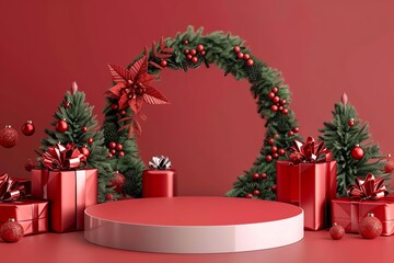 Christmas podium scene with circular stage and red gift boxes, wreath decoration on a burgundy background