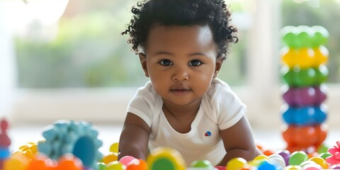 Image of adorable African American toddler playing with colorful toys. Concept African American toddler, Colorful toys, Playful, Cute, Joyful