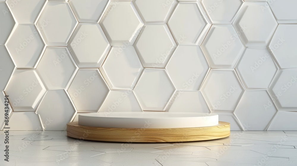 Aufkleber a wooden rectangular podium with round corners rests on a beige wall with a monstera leaf shadow beh